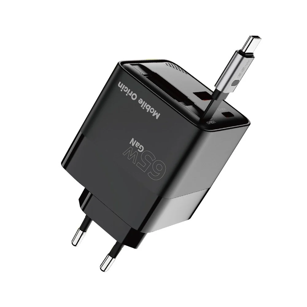 Mobile Origin Display Vægoplader m. 1 x USB- / 1 x USB-C / 1 x Udtrækkelig USB-C-PORT Kabel - 65W - Sort