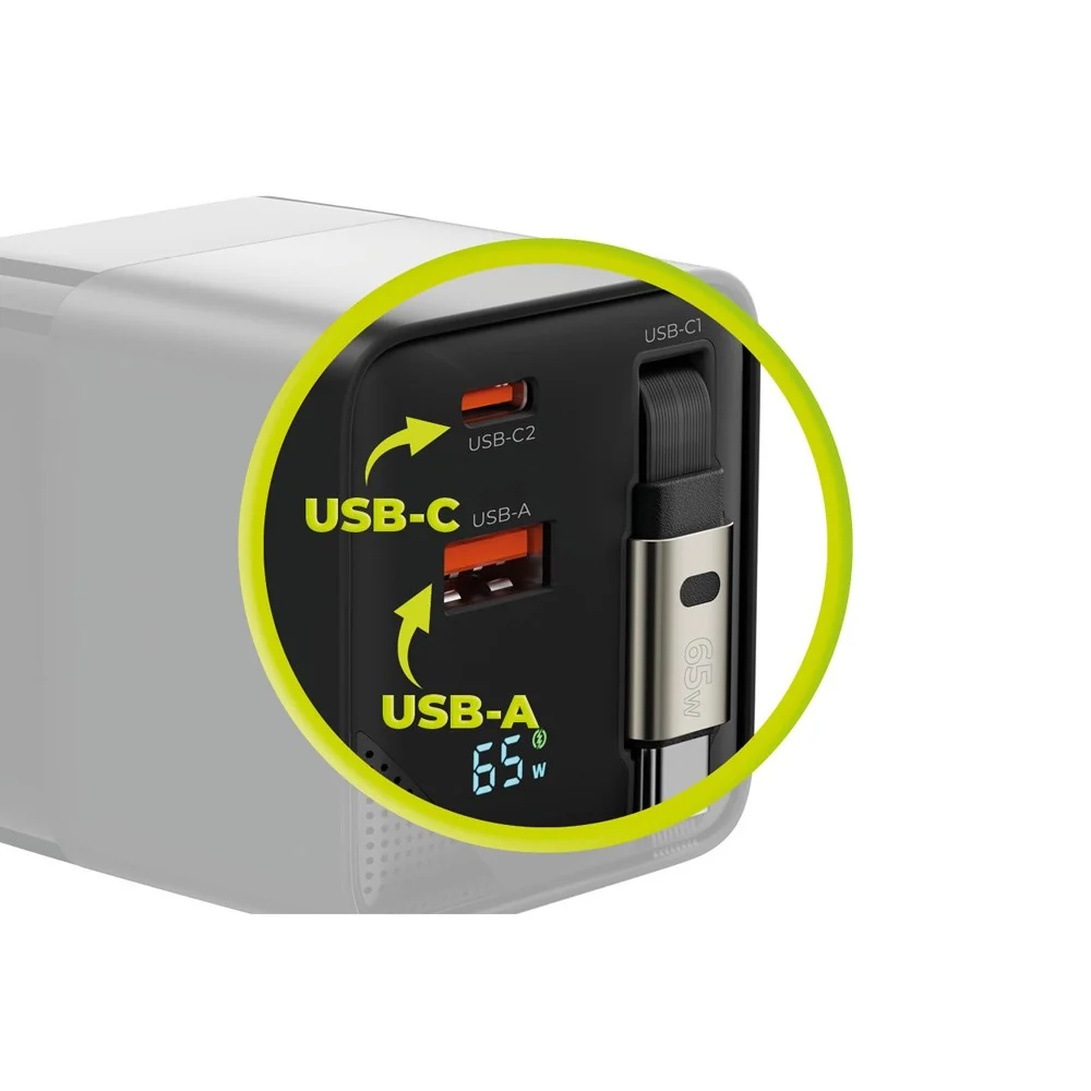 Mobile Origin Display Vægoplader m. 1 x USB- / 1 x USB-C / 1 x Udtrækkelig USB-C-PORT Kabel - 65W - Sort