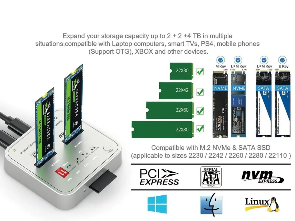 Maiwo K3016CL dockingstation til disk kloning SATA og NVMe SSD 1: 1 10 Gbps M-Key og Core B + M SD Express-kortlæser