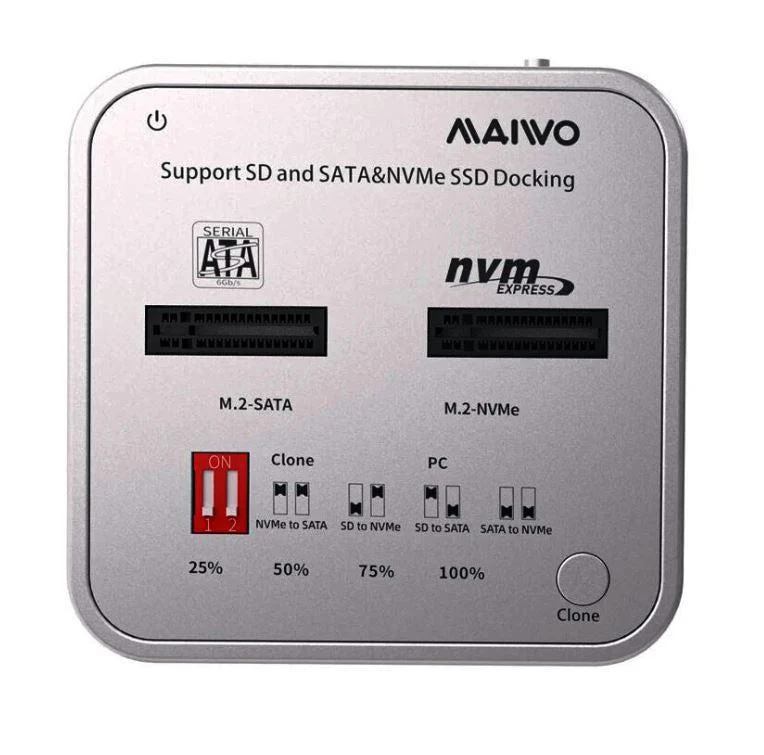 Maiwo K3016CL dockingstation til disk kloning SATA og NVMe SSD 1: 1 10 Gbps M-Key og Core B + M SD Express-kortlæser