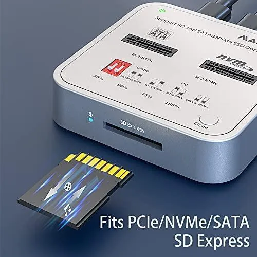 Maiwo K3016CL dockingstation til disk kloning SATA og NVMe SSD 1: 1 10 Gbps M-Key og Core B + M SD Express-kortlæser