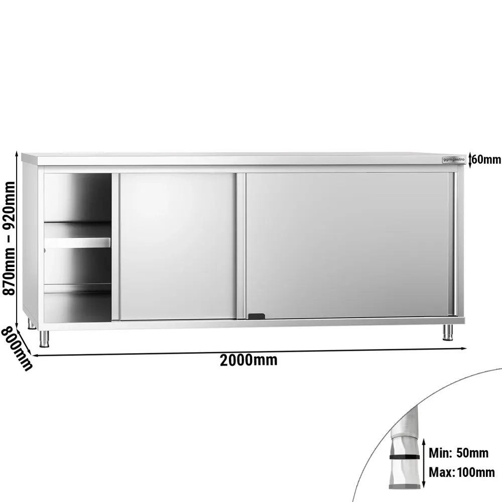 Arbejdsskab i rustfrit alloy PREMIUM - 2,0 m - med skydedør
