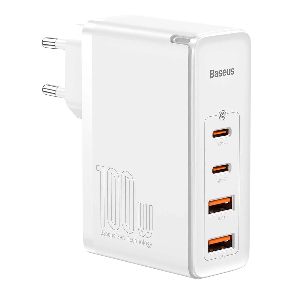 Baseus 100W PD GaN² Pro Stiv Charger - Vægoplader m. 2 x USB-C & 2 x USB- - Hvid