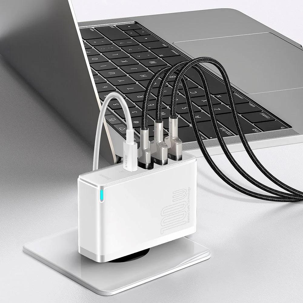 Baseus 100W PD GaN² Pro Stiv Charger - Vægoplader m. 2 x USB-C & 2 x USB- - Hvid