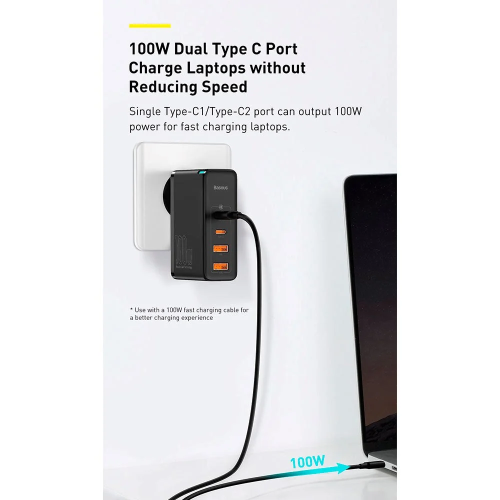 Baseus 100W PD GaN² Pro Stiv Charger - Vægoplader m. 2 x USB-C & 2 x USB- - Hvid