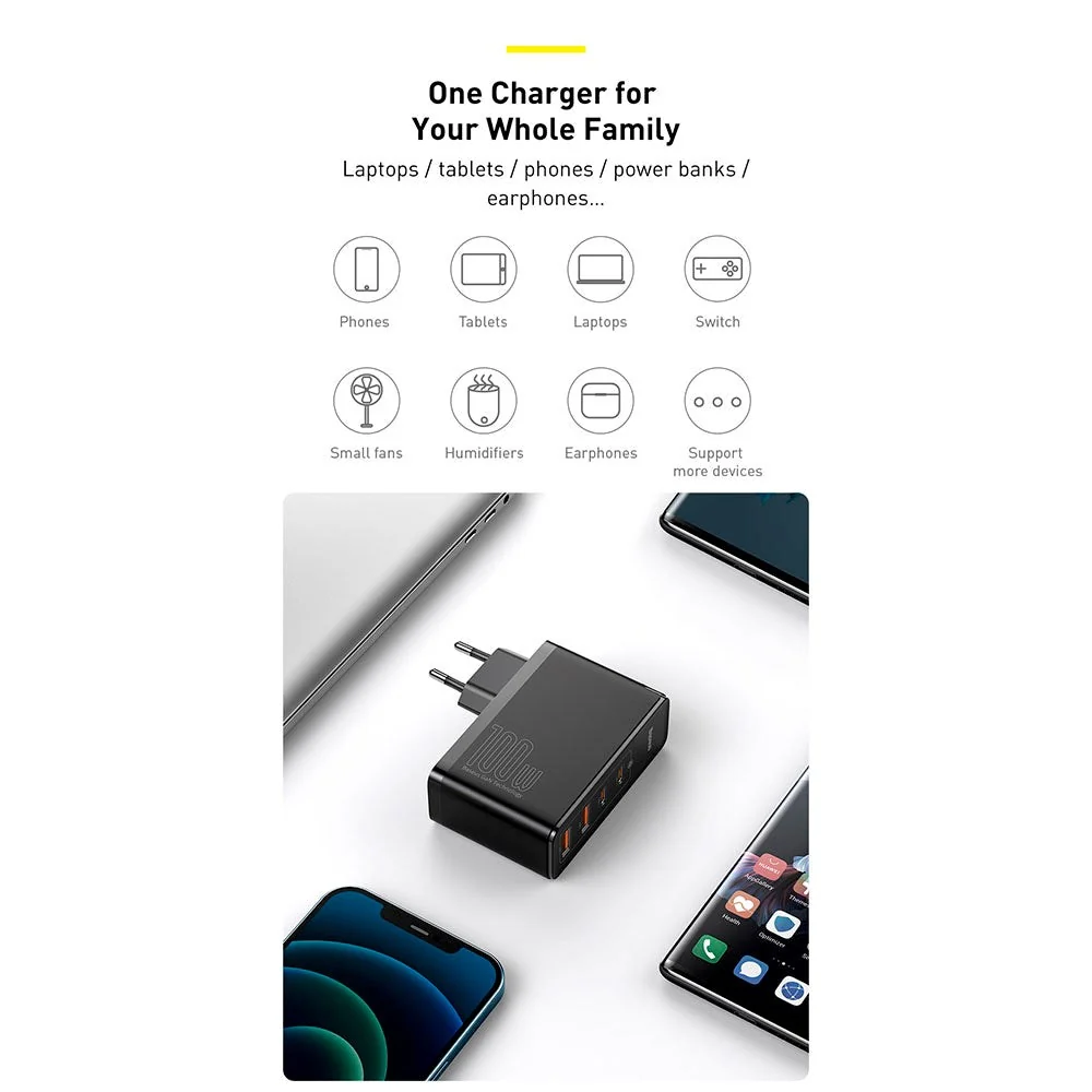 Baseus 100W PD GaN² Pro Stiv Charger - Vægoplader m. 2 x USB-C & 2 x USB- - Hvid