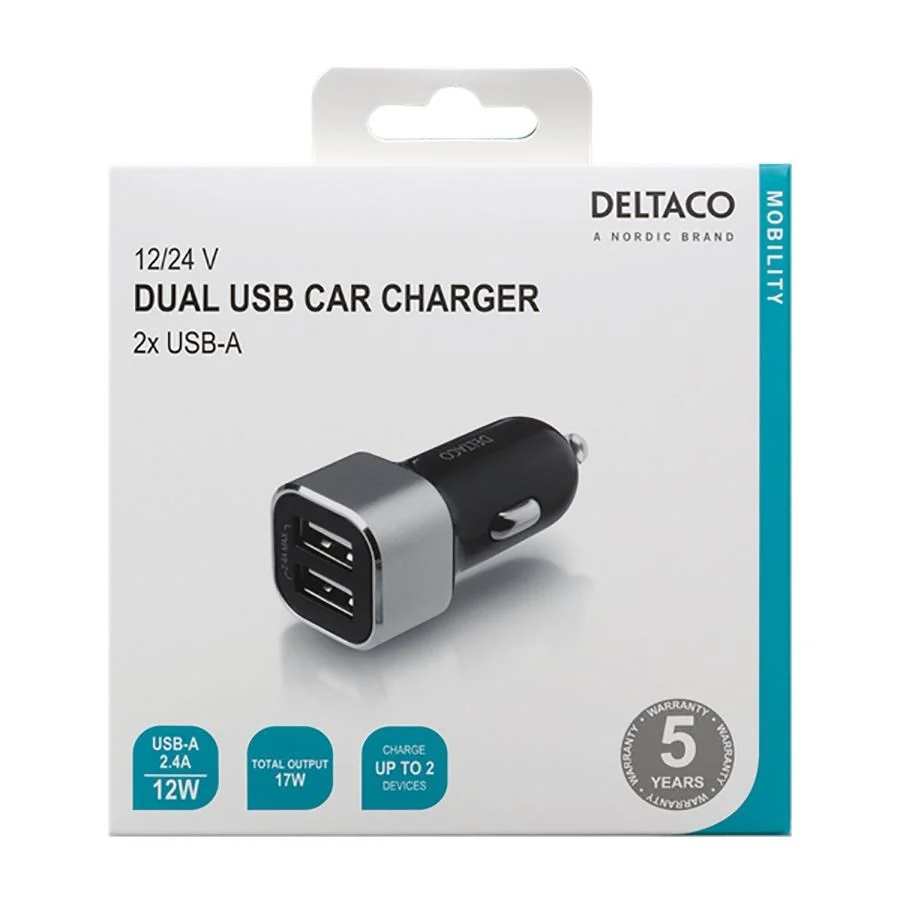 Deltaco 17W Biloplader 2 x USB- - Ebony