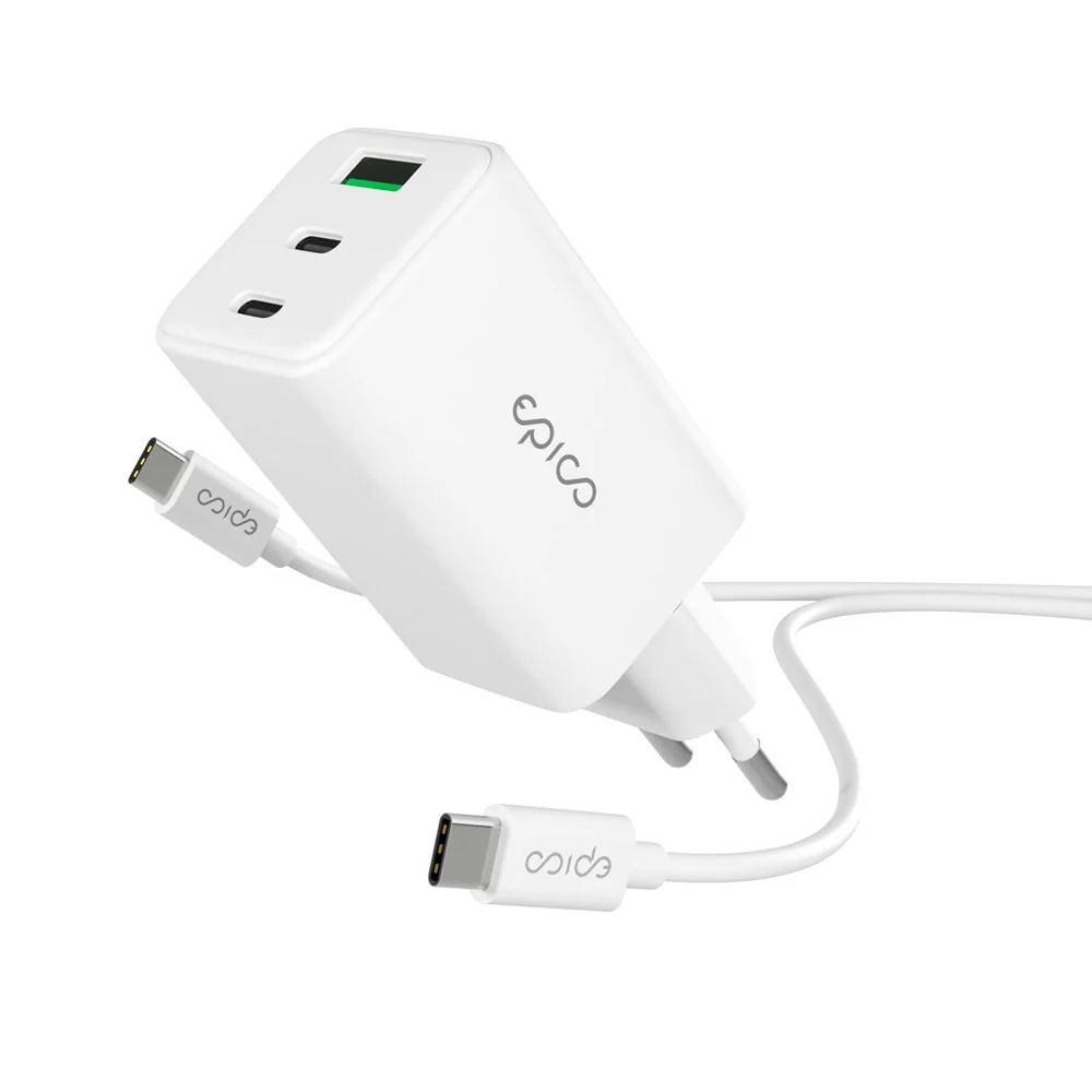Epico UltraBoost GaN 65W Vægoplader m. 1.2m USB-C til MODERN USB Kabel - 2x USB-C / 1x USB- - Hvid