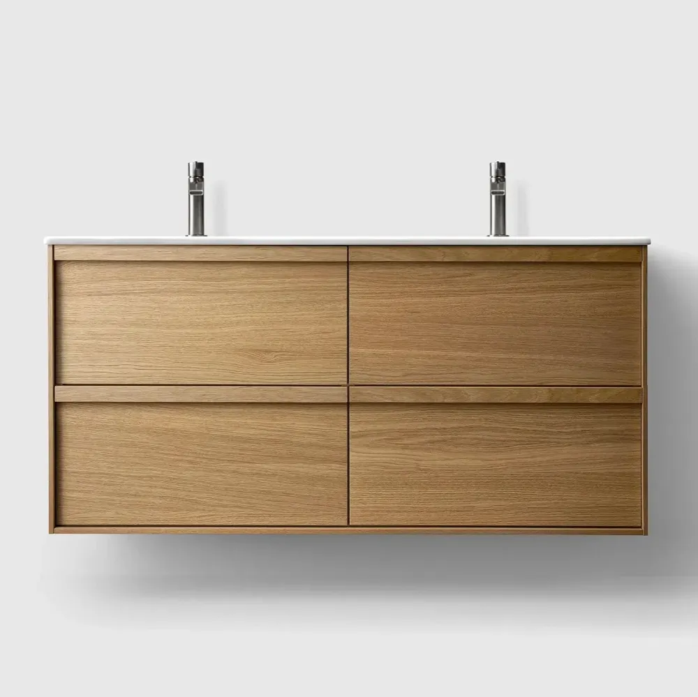 HAVEN H2/120 - Egtræ Wood med dobbelt vask i porcelæn Hvid
