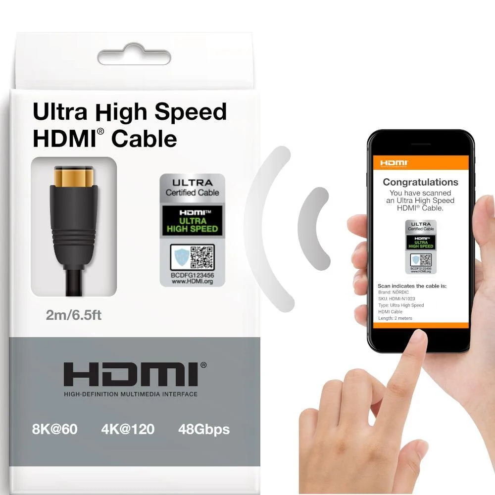 NORDIC CERTIFICEREDE KABLER 2m Ultra High Speed HDMI 2.1 8K 60Hz 4K 120Hz 48Gbps Dynamic HDR eARC VRR Synthetic flettet ka...