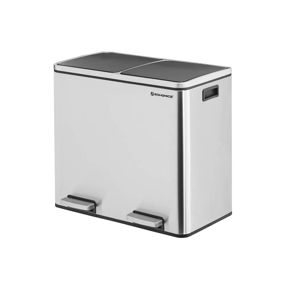 Pedalspand, paired skraldespand, 2 x 24 l, med 2 rum, soft-close låg, pedaler, indvendige spande i plast og bæregreb, sølv...