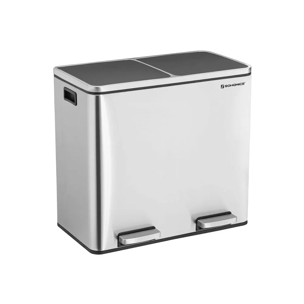 Pedalspand, paired skraldespand, 2 x 24 l, med 2 rum, soft-close låg, pedaler, indvendige spande i plast og bæregreb, sølv...