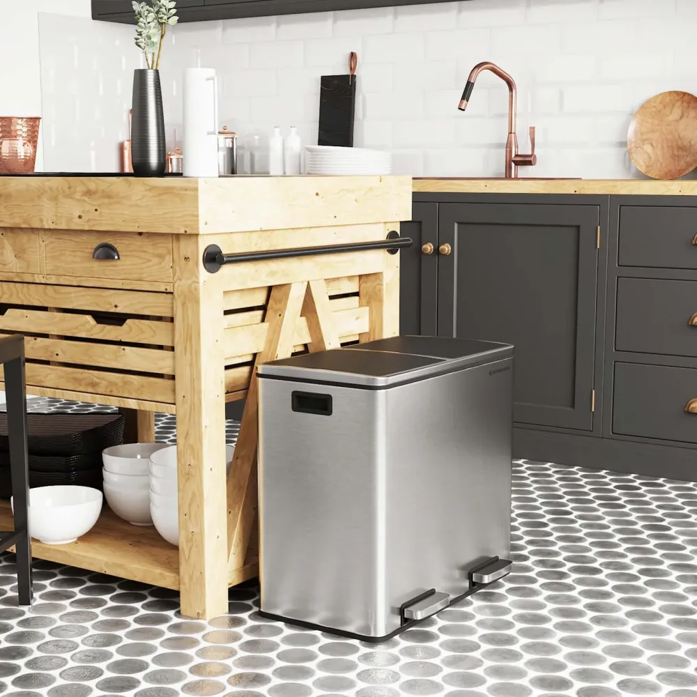 Pedalspand, paired skraldespand, 2 x 24 l, med 2 rum, soft-close låg, pedaler, indvendige spande i plast og bæregreb, sølv...