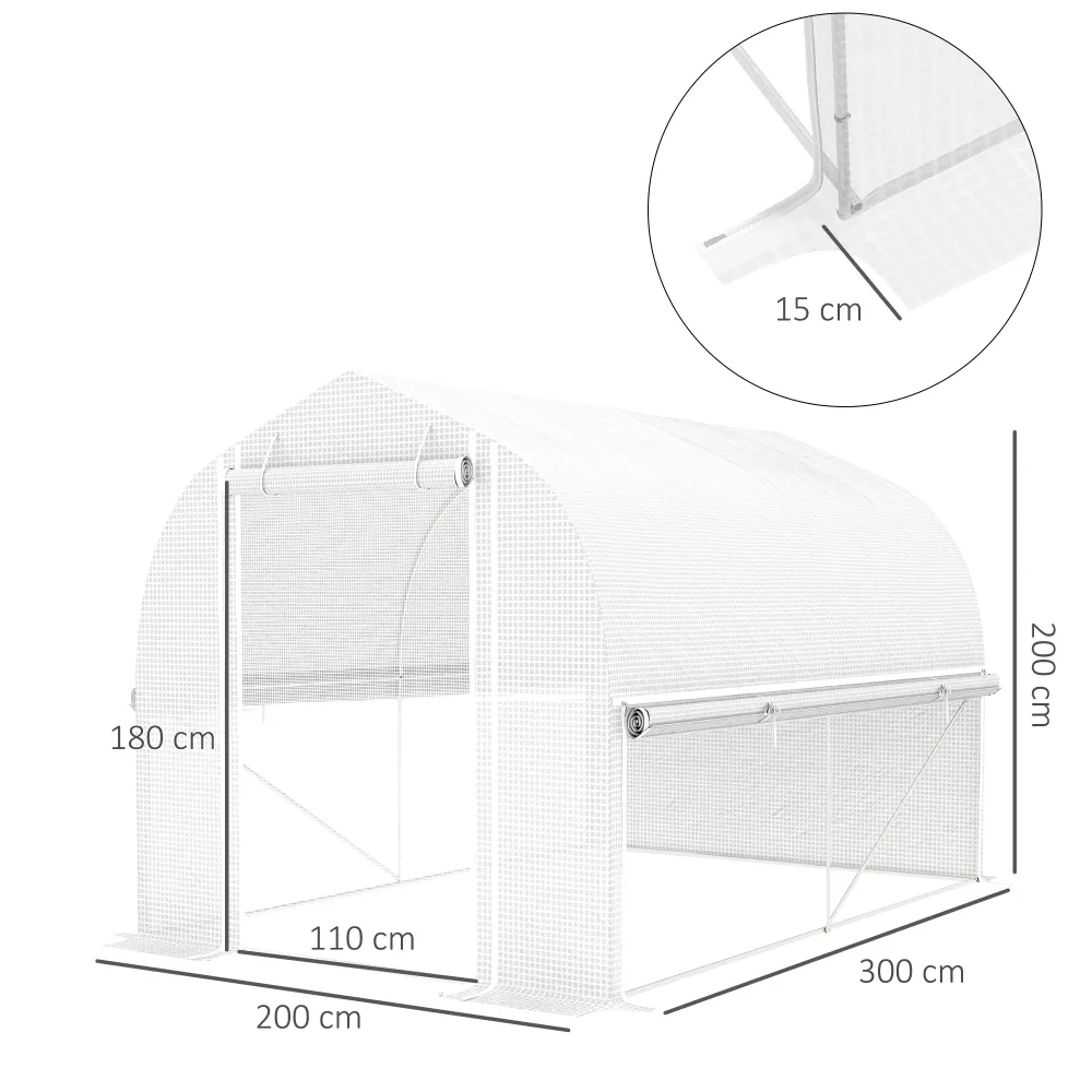 3 X 2 x 2 m polytunnel drivhus med oprullbare sidevægge, uv-bestandigt plastikdæksel og stålramme, ivory