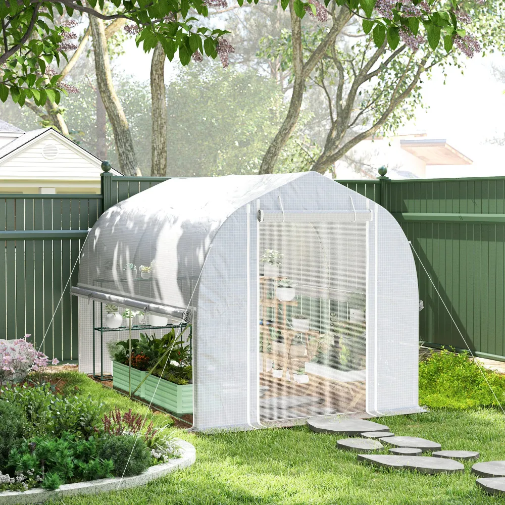 3 X 2 x 2 m polytunnel drivhus med oprullbare sidevægge, uv-bestandigt plastikdæksel og stålramme, ivory