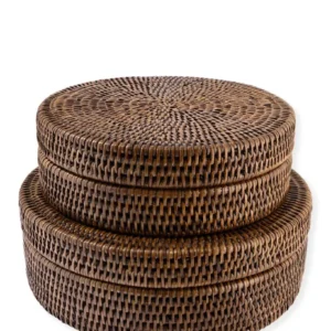 Rattan box opbevaring rund brun sæt med 2