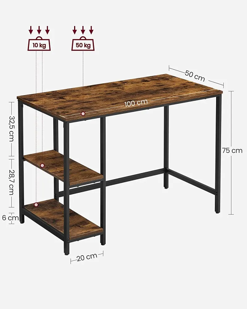 Skrivebord med 2 hylder på højre eller venstre side, Retro Brun/Sort