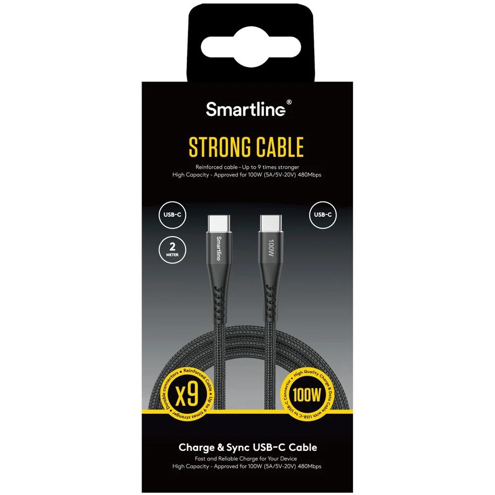 Smartline 100W USB-C-PORT til USB-C Kabel 2 m. - Sort