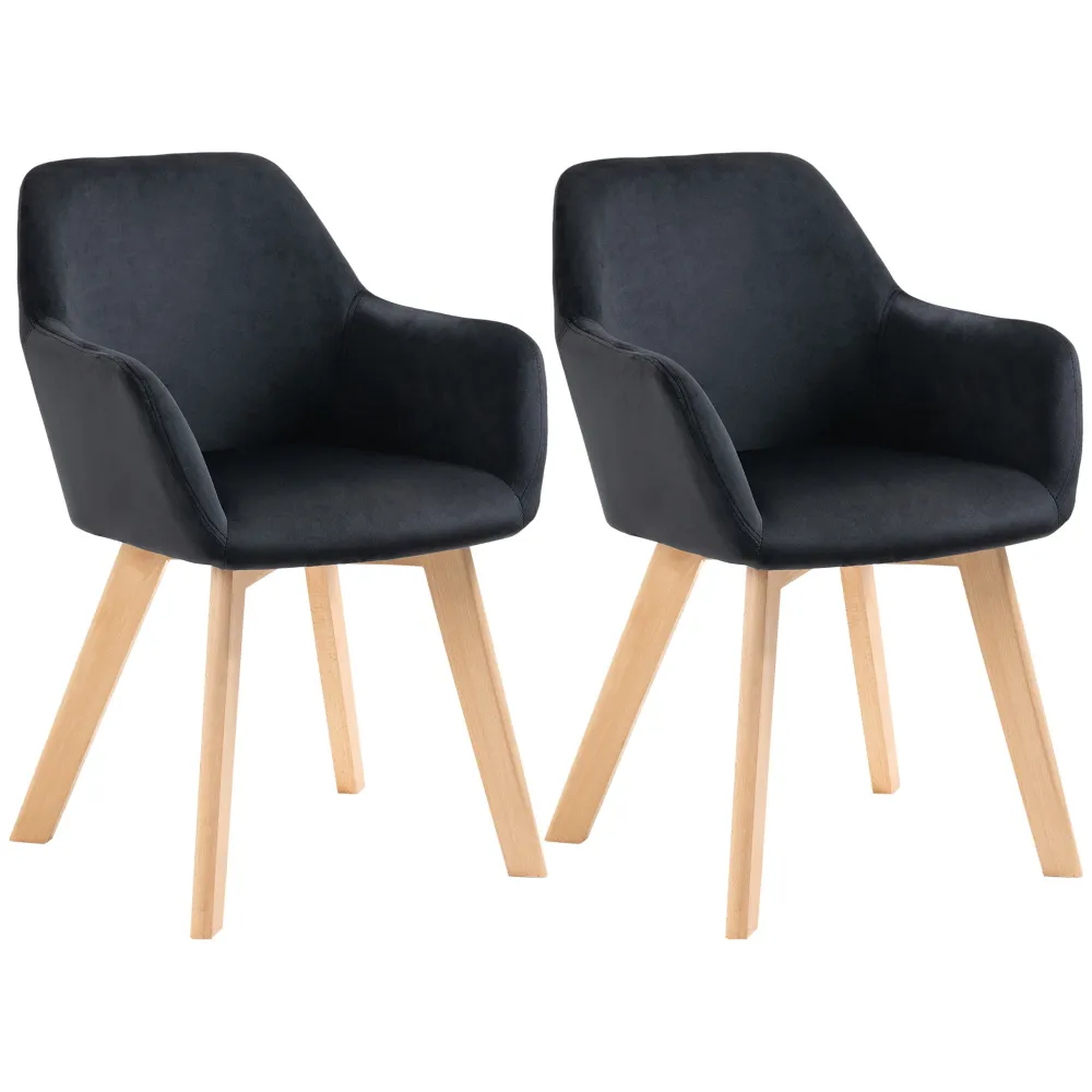 Spisestole, sæt med 2, modish design, fløjlslook, gummitræ, 54x57x80 cm, sort