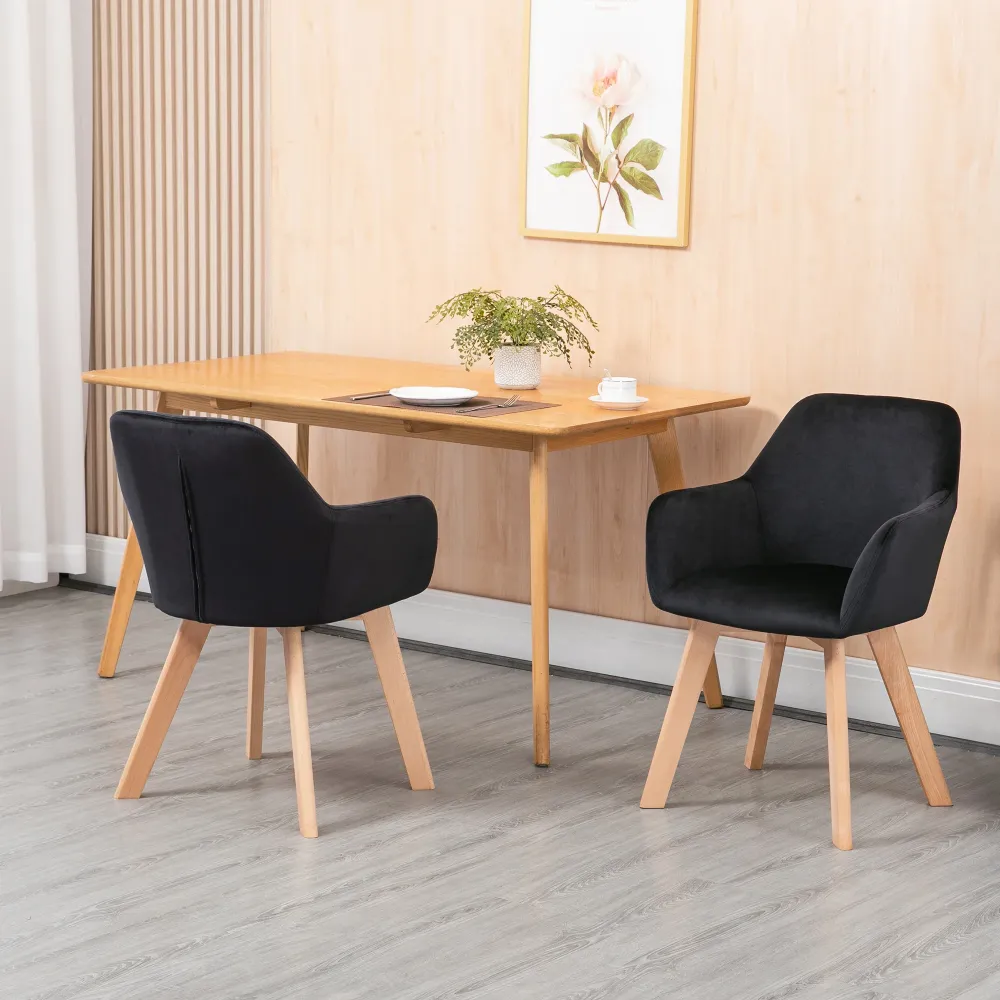 Spisestole, sæt med 2, modish design, fløjlslook, gummitræ, 54x57x80 cm, sort