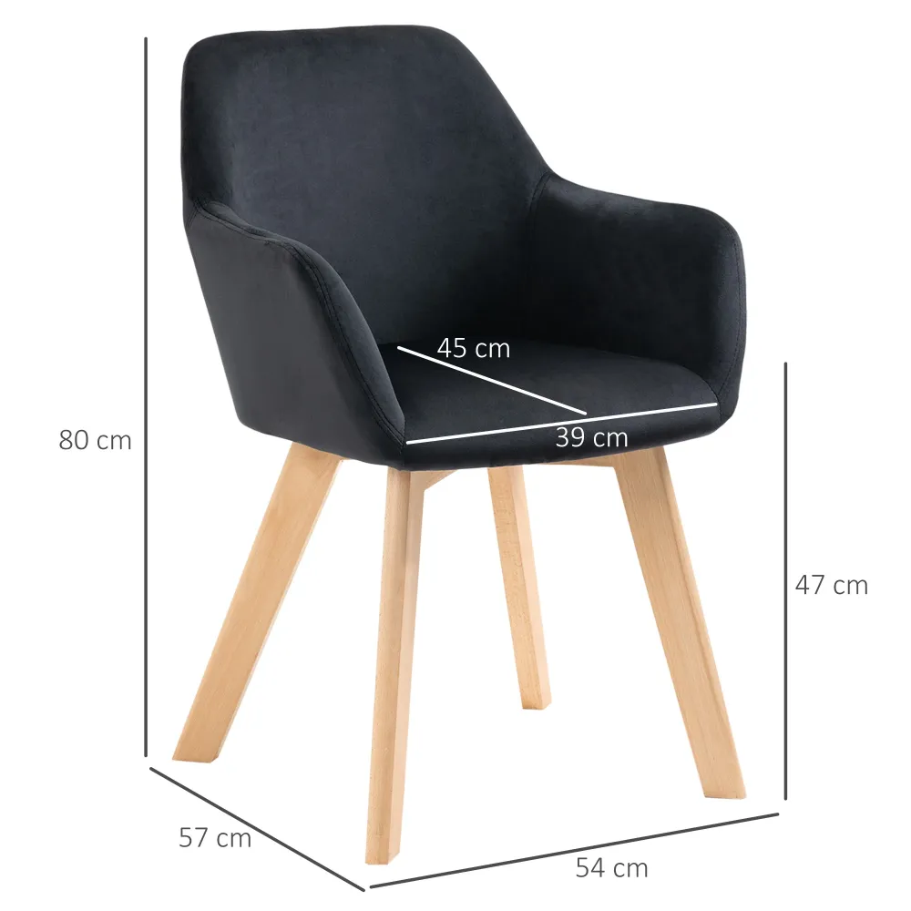 Spisestole, sæt med 2, modish design, fløjlslook, gummitræ, 54x57x80 cm, sort
