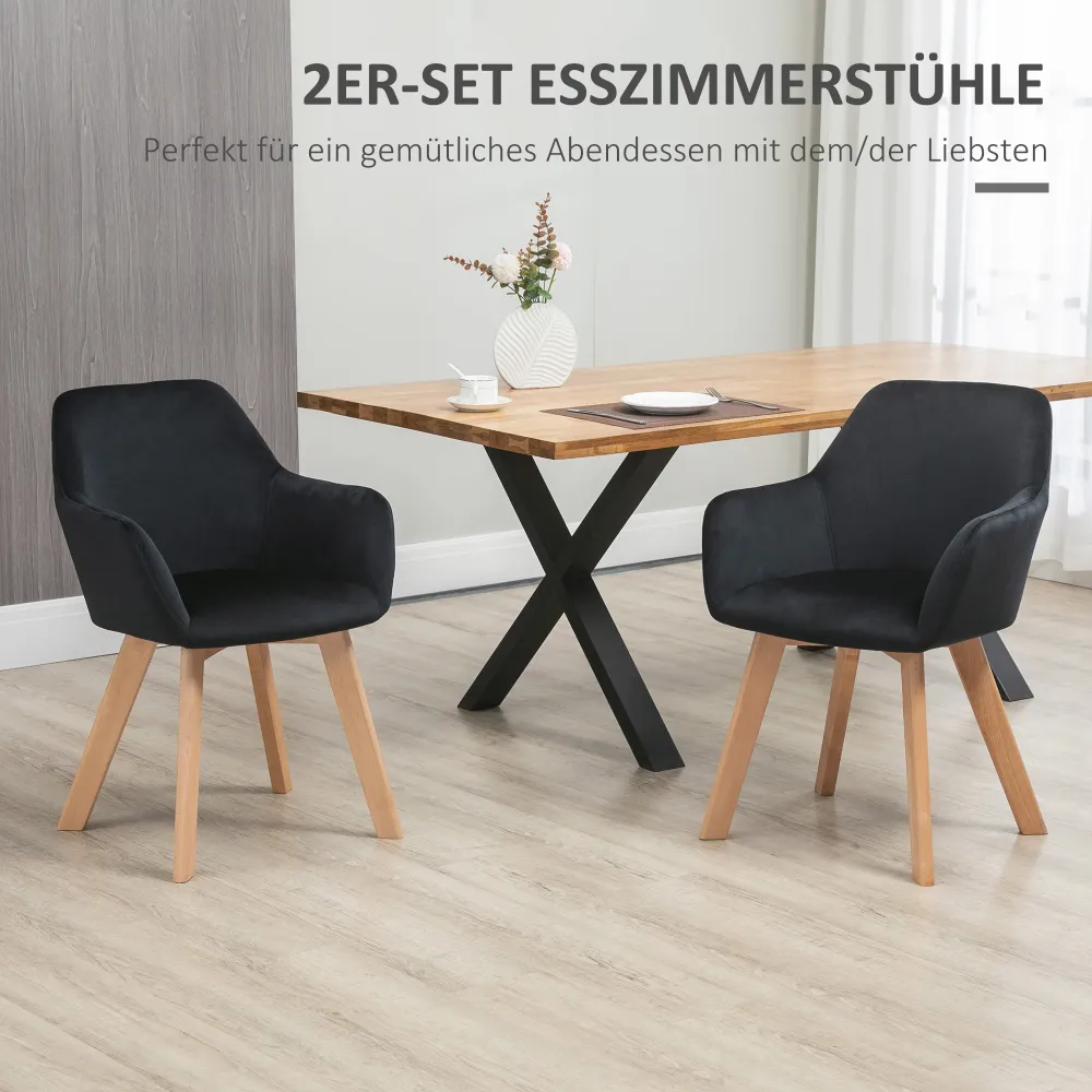 Spisestole, sæt med 2, modish design, fløjlslook, gummitræ, 54x57x80 cm, sort