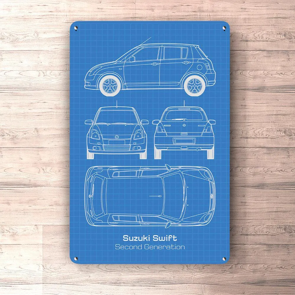 Suzuki Swift Second Generation Blueprint Skilte, Musemåtte, Dørmåtte Hvid