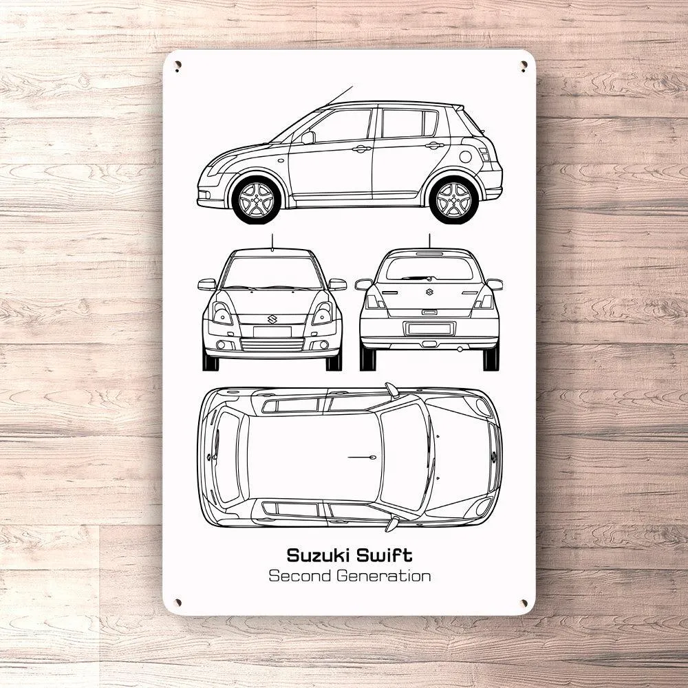 Suzuki Swift Second Generation Blueprint Skilte, Musemåtte, Dørmåtte Hvid