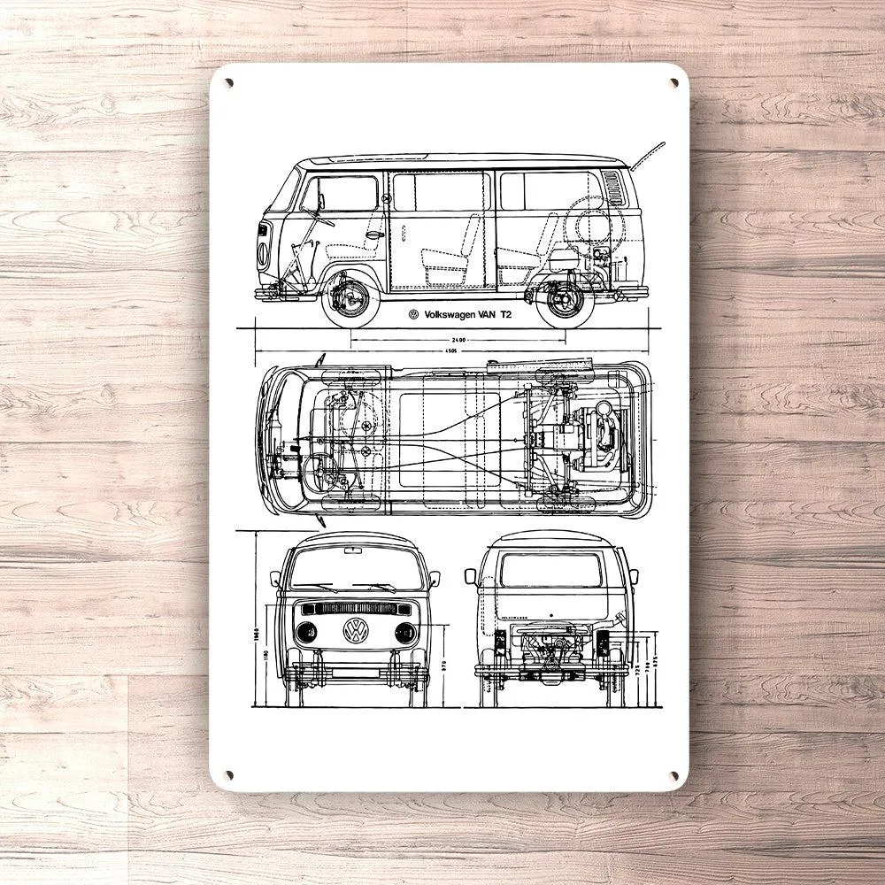 Volkswagen VW T2 Bus Blueprint Skilte, Musemåtte, Dørmåtte