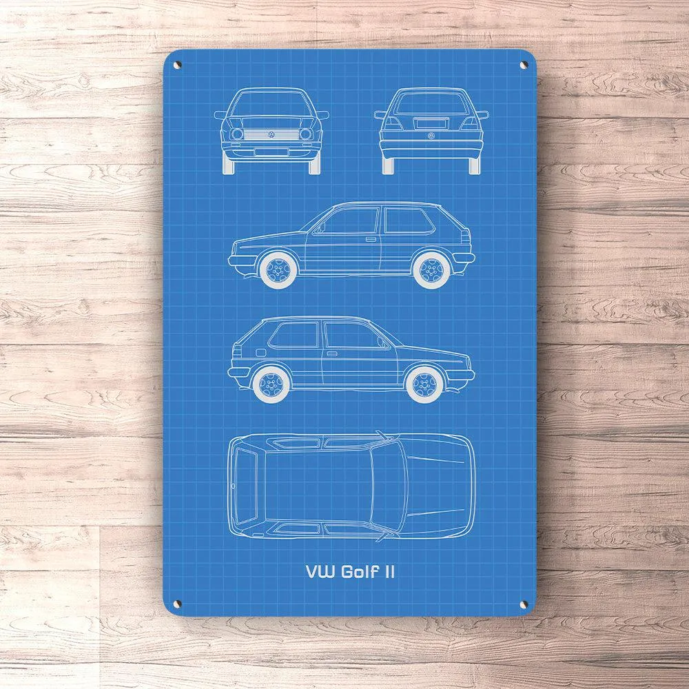 Volkswagen VW Golf II 2 Door Blueprint Skilte, Musemåtte, Dørmåtte