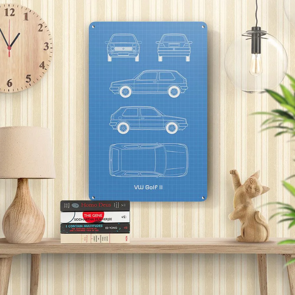 Volkswagen VW Golf II 2 Door Blueprint Skilte, Musemåtte, Dørmåtte