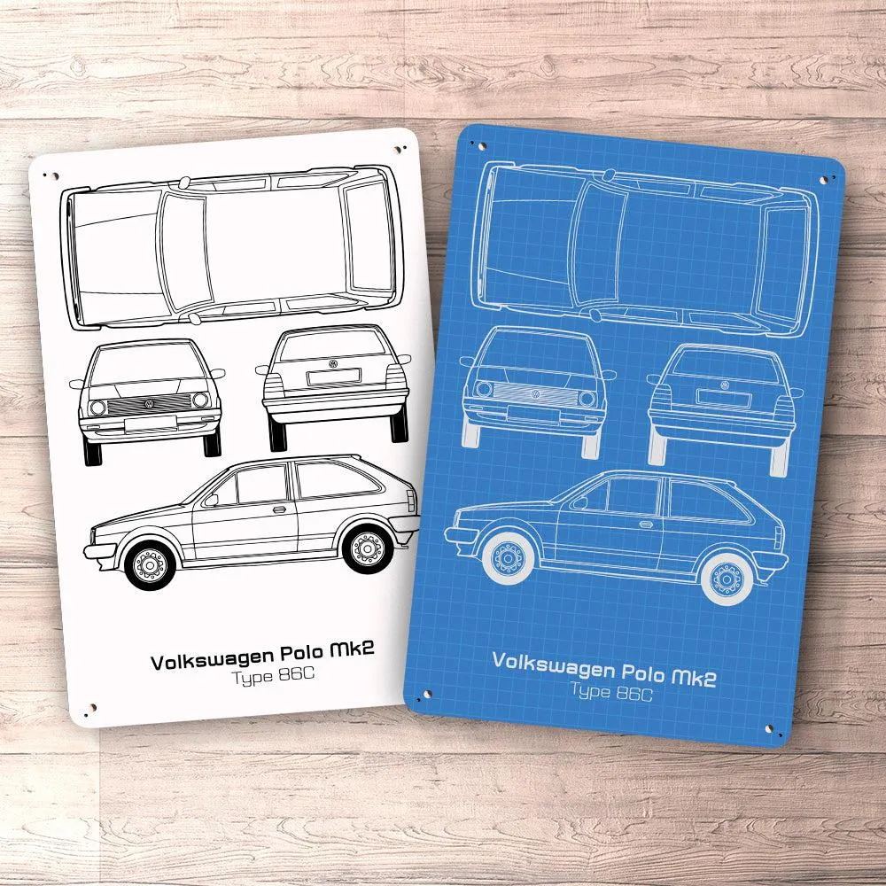 Volkswagen VW Polo Mk2 Type 86C Blueprint Skilte, Musemåtte, Dørmåtte Hvid