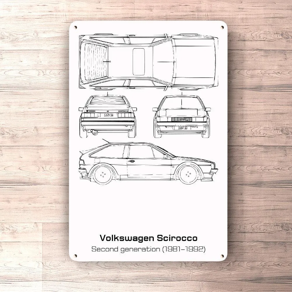 Volkswagen VW Scirocco Ii Generation Blueprint Skilte, Musemåtte, Dørmåtte Hvid
