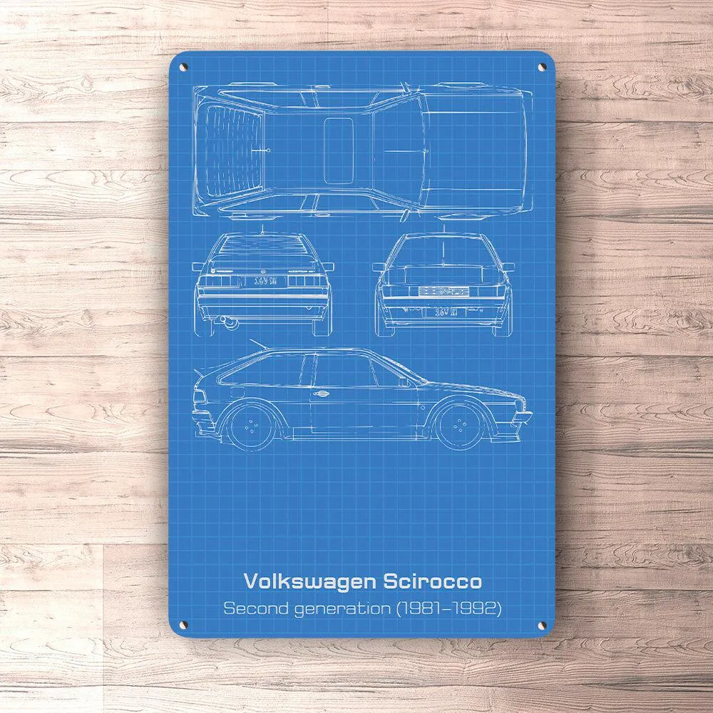 Volkswagen VW Scirocco Ii Generation Blueprint Skilte, Musemåtte, Dørmåtte Hvid