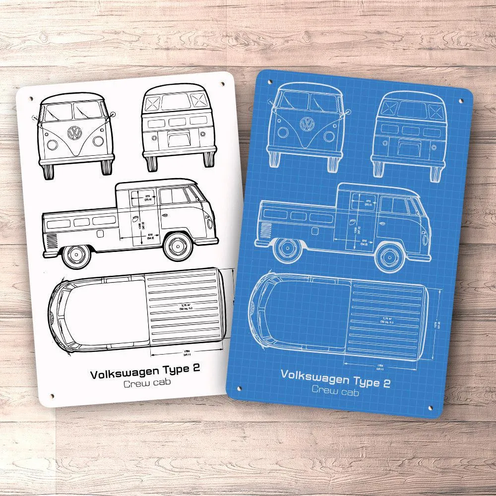 Volkswagen VW Type 2 Crew Cab Blueprint Skilte, Musemåtte, Dørmåtte Hvid